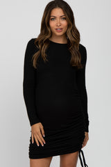 Black Ruched Drawstring Accent Maternity Dress