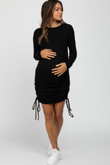 Black Ruched Drawstring Accent Maternity Dress
