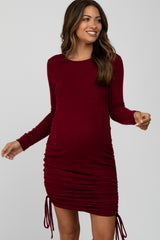 Burgundy Ruched Drawstring Accent Maternity Dress