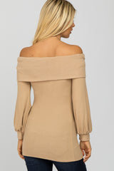 Taupe Soft Brushed Off Shoulder Fitted Top