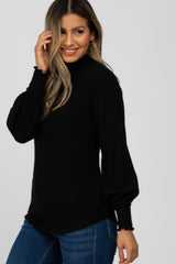 Black Brushed Ribbed Mock Neck Top