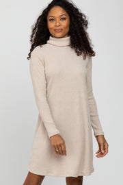 Beige Ribbed Turtleneck Dress