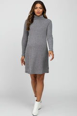 Grey Ribbed Turtleneck Maternity Dress