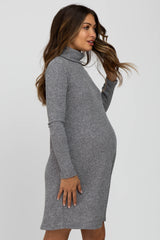 Grey Ribbed Turtleneck Maternity Dress