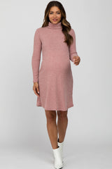 Pink Ribbed Turtleneck Maternity Dress