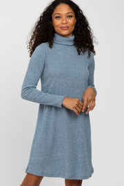 Blue Ribbed Turtleneck Dress