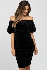 Black Velvet Off Shoulder Fitted Maternity Dress