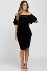 Black Velvet Off Shoulder Fitted Maternity Dress