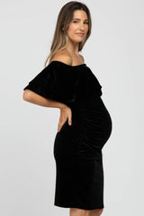 Black Velvet Off Shoulder Fitted Maternity Dress