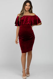 Burgundy Velvet Off Shoulder Fitted Maternity Dress