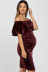 Mauve Velvet Off Shoulder Fitted Maternity Dress