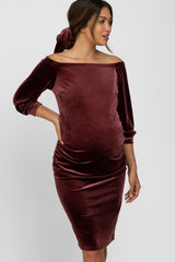 Mauve Velvet Off Shoulder Fitted Maternity Dress