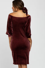 Mauve Velvet Off Shoulder Fitted Maternity Dress