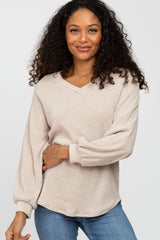 Beige Marled V-Neck Long Sleeve Top