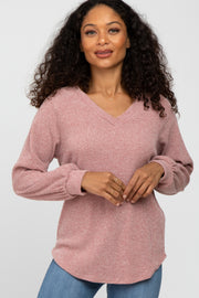 Pink Marled V-Neck Long Sleeve Top