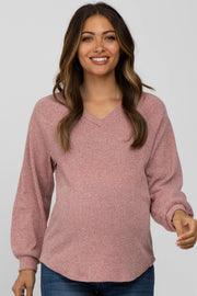 Pink Marled V-Neck Long Sleeve Maternity Top