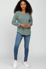 Light Olive Marled V-Neck Long Sleeve Top