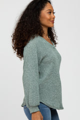 Light Olive Marled V-Neck Long Sleeve Top