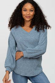 Blue Marled V-Neck Long Sleeve Top