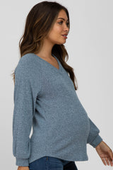 Blue Marled V-Neck Long Sleeve Maternity Top