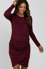 Burgundy Heathered Ruched Tulip Hem Maternity Dress