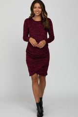 Burgundy Heathered Ruched Tulip Hem Maternity Dress