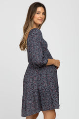 Navy Floral 3/4 Sleeve Maternity Mini Dress