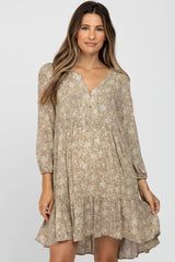 Taupe Floral Button Front Tiered Maternity Dress