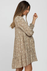 Taupe Floral Button Front Tiered Maternity Dress