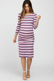 Plum Multi Stripe Ruched Maternity Dress