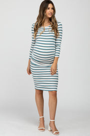 Blue Multi Stripe Ruched Maternity Dress