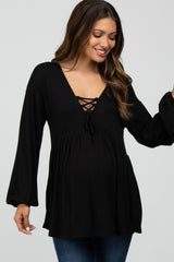 Black Lace-Up Front Long Sleeve Babydoll Maternity Top