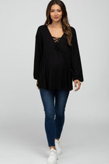 Black Lace-Up Front Long Sleeve Babydoll Maternity Top