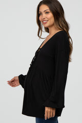 Black Lace-Up Front Long Sleeve Babydoll Maternity Top