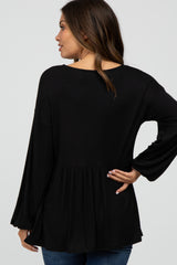 Black Lace-Up Front Long Sleeve Babydoll Maternity Top