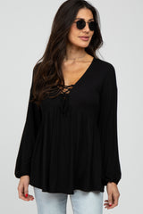 Black Lace-Up Front Long Sleeve Babydoll Maternity Top