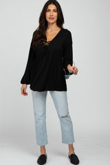 Black Lace-Up Front Long Sleeve Babydoll Top