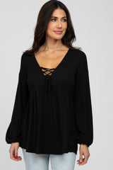 Black Lace-Up Front Long Sleeve Babydoll Top