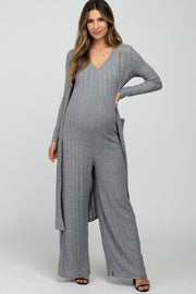 Heather Grey Ribbed Sleeveless Jumpsuit Cardigan Maternity Set