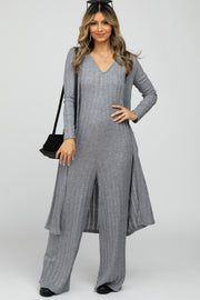 Heather Grey Ribbed Sleeveless Jumpsuit Cardigan Set