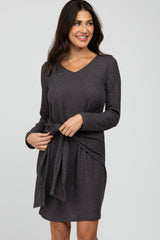 Charcoal Ribbed Waist Tie Maternity Dress