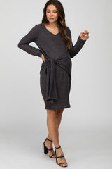 Charcoal Ribbed Waist Tie Maternity Dress