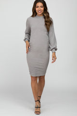 Grey Mock Neck Ruched Maternity Dress