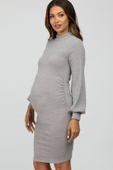 Grey Mock Neck Ruched Maternity Dress