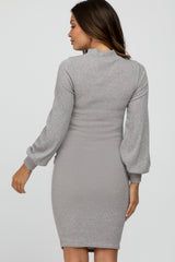 Grey Mock Neck Ruched Maternity Dress