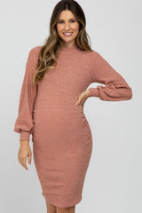 Rust Mock Neck Ruched Maternity Dress