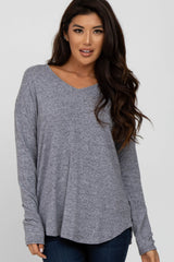 Navy Brushed V-Neck Long Sleeve Top