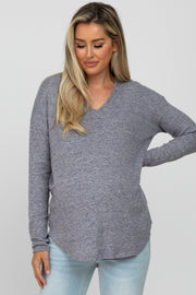 Navy Brushed V-Neck Long Sleeve Maternity Top