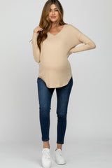 Beige Brushed V-Neck Long Sleeve Maternity Top