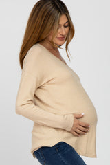 Beige Brushed V-Neck Long Sleeve Maternity Top